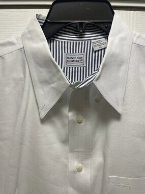 Vintage Bugle Boy Co Shirt Men’s XL White Blue Stripe Embroidered Pocket Cotton